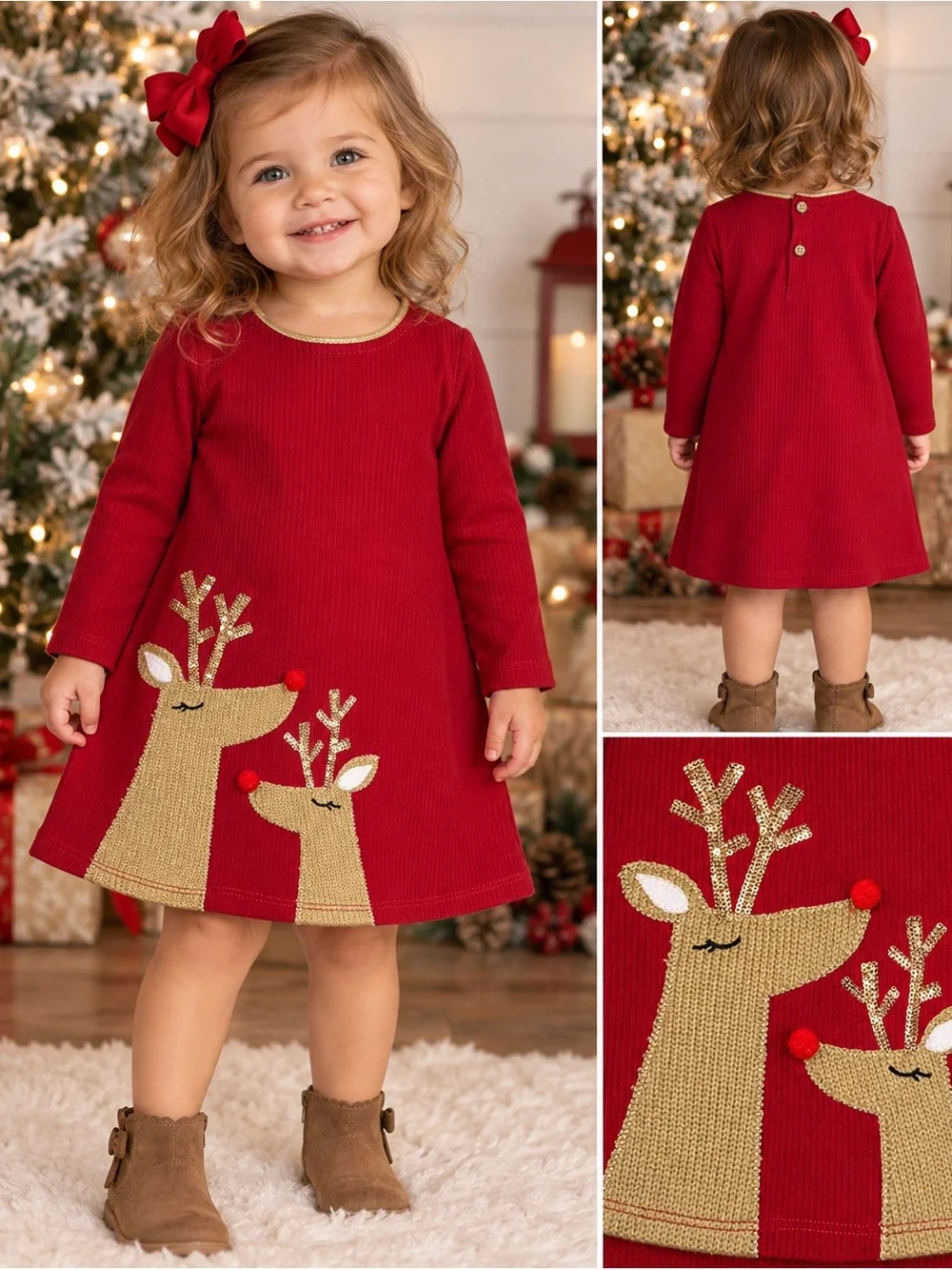 Mud Pie Girls Medium 12-18M Red Christmas Reindeer Appliqué Dress Holiday